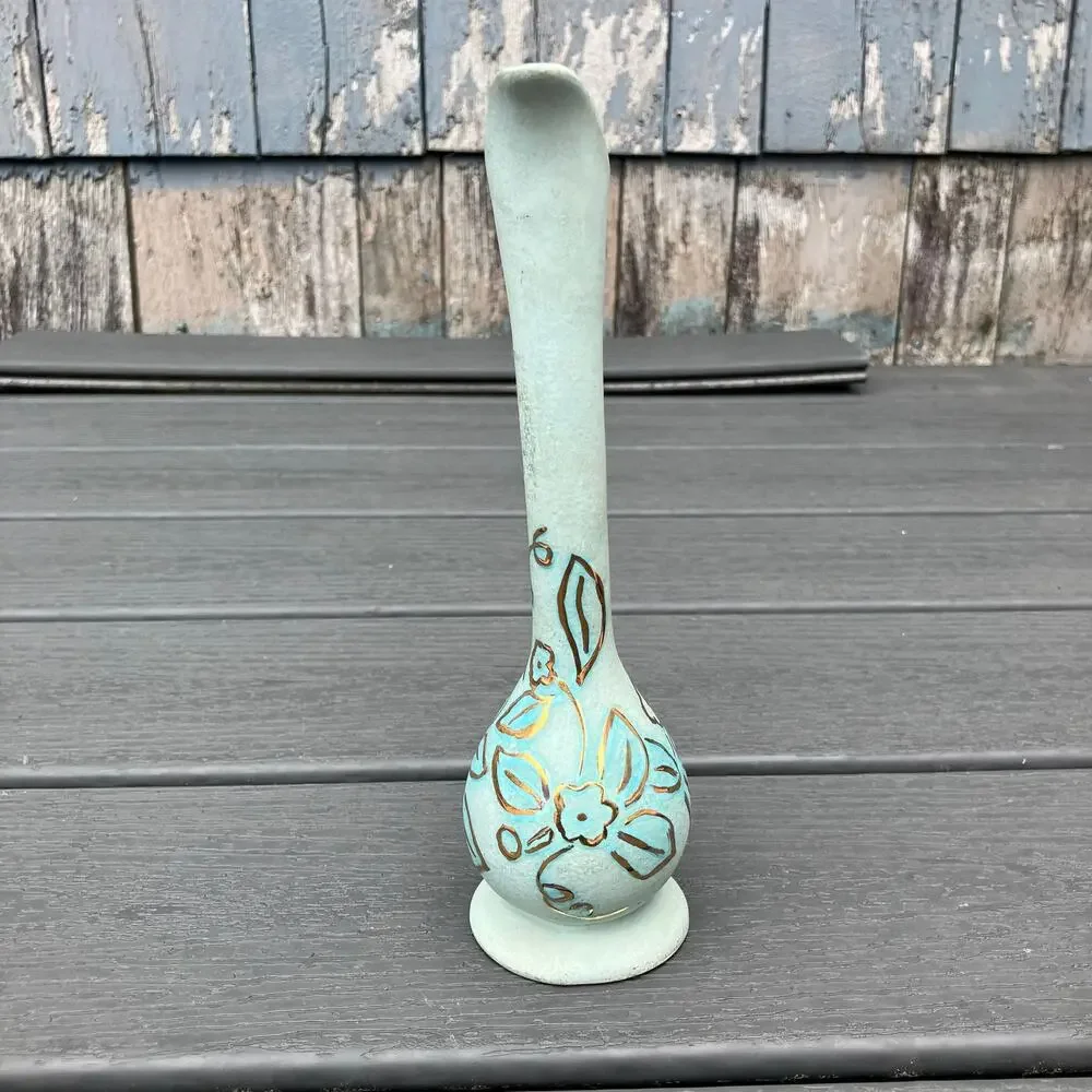 Vintage 1950s blue and metallic gold floral bud pitcher vase shabby chic cottage
